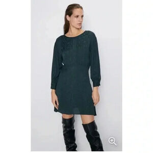 ZARA Teal Jacquard Dress with Long Sleeves and  Leopard Print